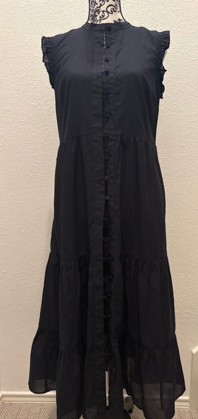Boden Black Cotton Tiered Maxi Dress Ruffle Sleeve US 8R UK 12R